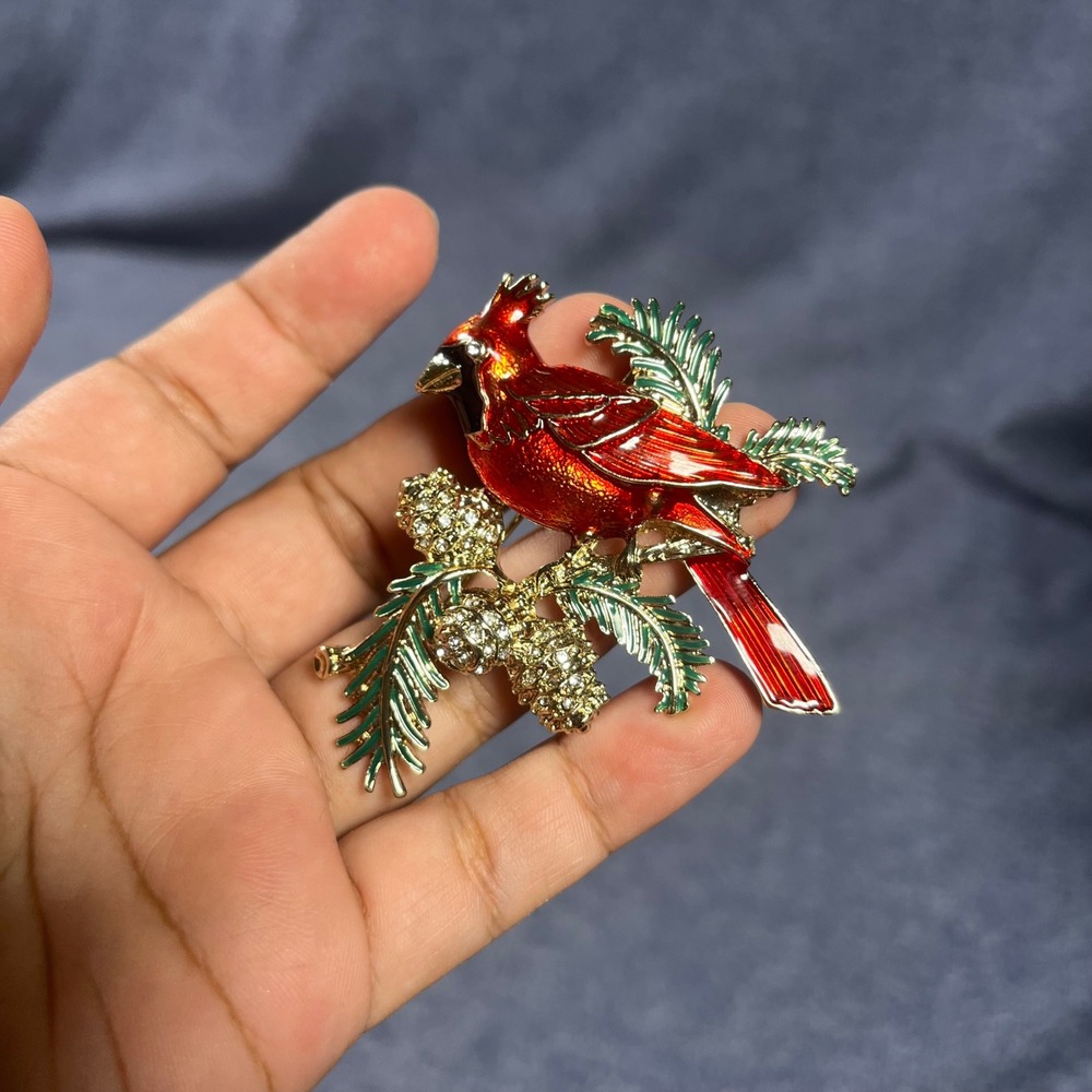 Napier Vintage Red Cardinal Bird Brooch Enamel Rhinestone Pinecone Gold Tone Pin